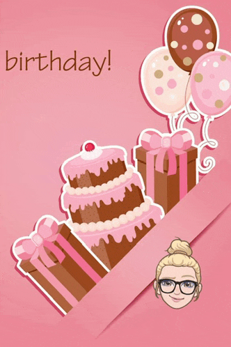 a birthday card with a woman 's face and a cake