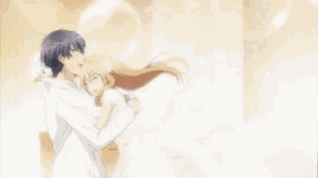 a man and a woman are hugging each other in a cartoon .