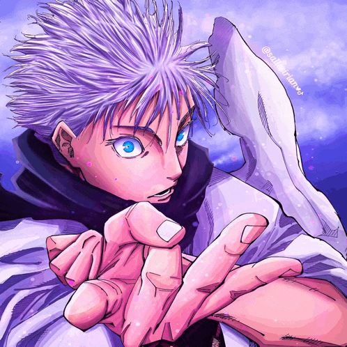 a drawing of a person with purple hair and blue eyes has the hashtag @akiraname on the bottom