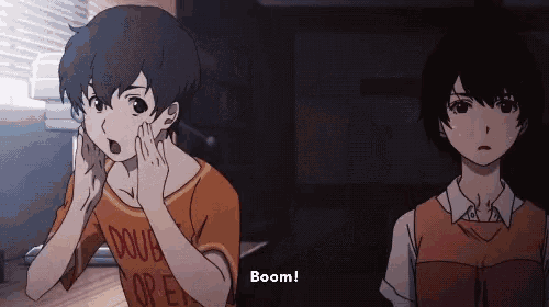 a boy and a girl are standing next to each other and the girl is saying boom .
