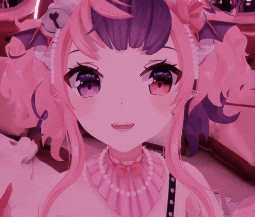 a girl with pink hair and purple eyes is wearing a necklace