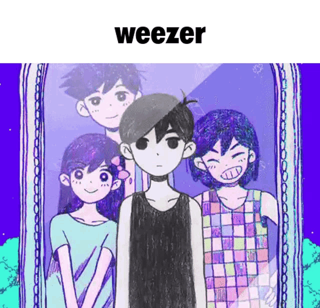 a group of anime characters are standing next to each other in front of a mirror with the words weezer written above them .