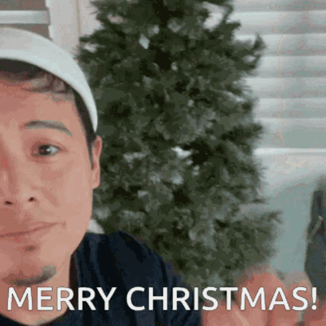 a man in front of a christmas tree with merry christmas written on his face