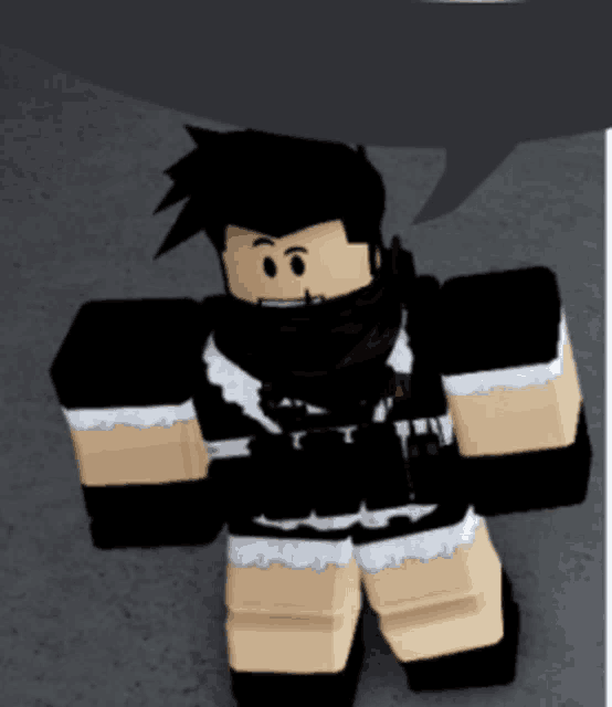a cartoon character wearing a black and white outfit with a speech bubble behind him