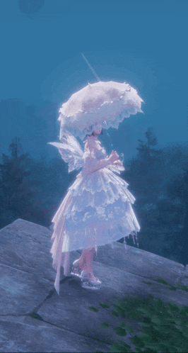 a girl in a white dress holding an umbrella