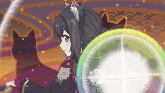 a girl with a cat ear is holding a shield in front of a cat
