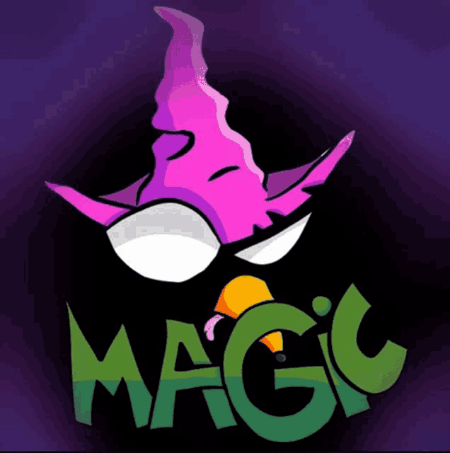 a cartoon drawing of a bird with a purple hat that says magic