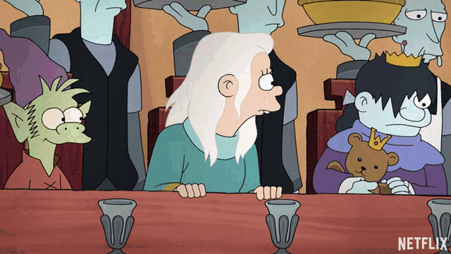 a group of cartoon characters sitting at a table with a netflix logo on the bottom right