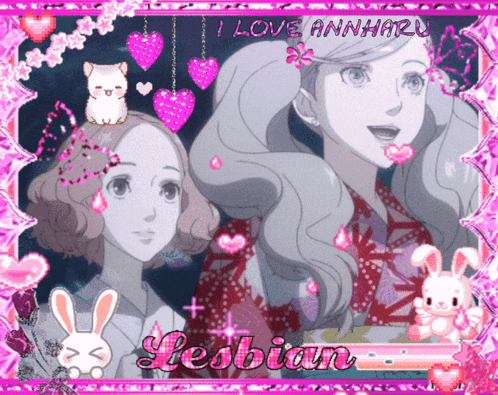 a picture of two anime girls with the words " i love annharu lesbian " at the top