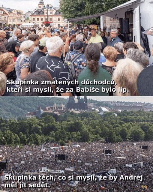a crowd of people are gathered in front of a building that says ' skupinka zmatenych duchodcu '