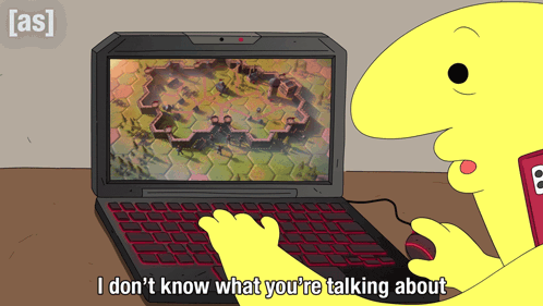 a cartoon character is playing a game on a laptop and says i don 't know