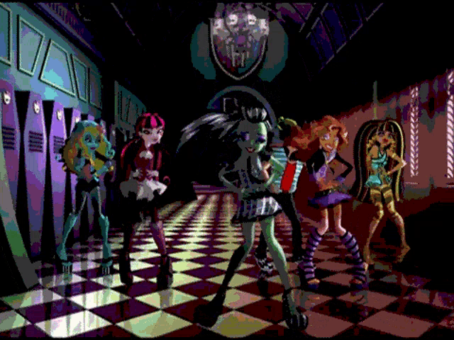 a group of monster high girls are dancing in a hallway