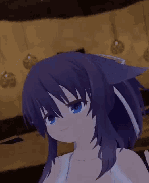 a close up of a purple haired anime girl with blue eyes .