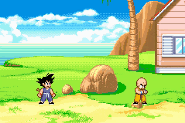 a pixel art cartoon of goku and krilin standing in front of a house