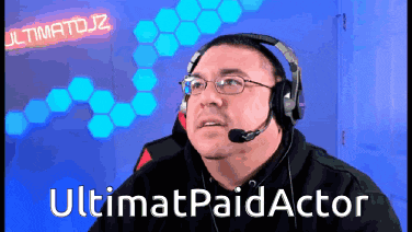 a man wearing headphones and a microphone with the words ultimatpaidactor written below him