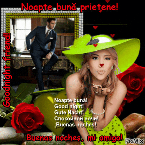 a picture of a woman blowing a kiss and a man in a suit