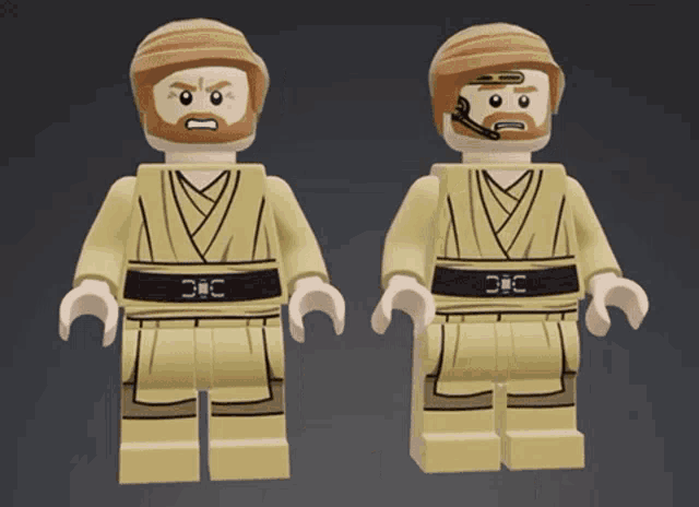 two lego figures one with a beard and the other with a headset on