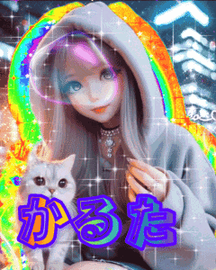 a girl in a hoodie is holding a cat in front of a colorful background