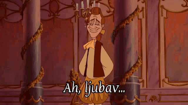 a cartoon of a man standing next to a maid with ah ljubav written on the bottom