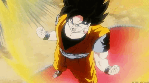 goku from dragon ball z is flying through the air with a yellow light coming out of his hand .