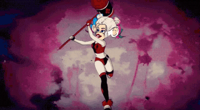 a pixel art drawing of harley quinn holding a hammer