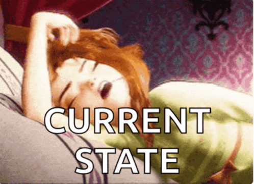 a woman laying on a bed with the words current state written above her