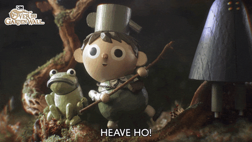 a cartoon character from over the garden wall is holding a stick and a frog