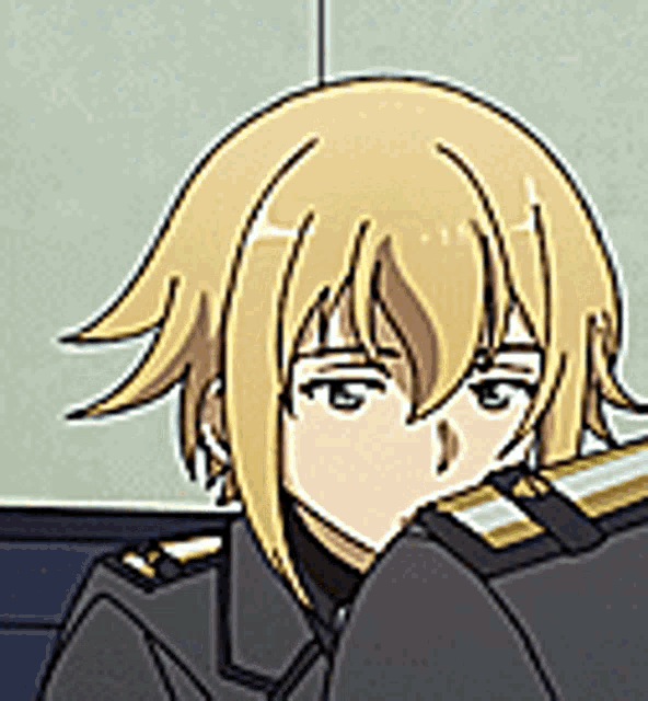 a cartoon character with blonde hair and green eyes is wearing a military uniform and looking at the camera .