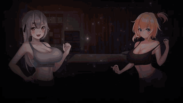 two anime girls are standing next to each other in a room