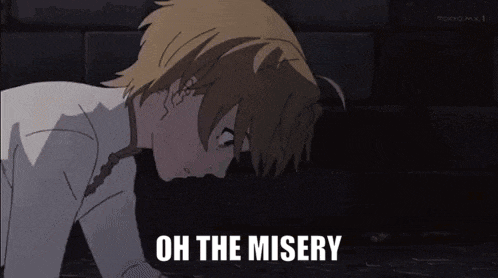 a man is kneeling down in front of a wall with the words `` oh the misery '' written below him .