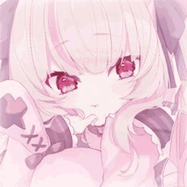 a close up of a pink anime girl with red eyes and a bow .