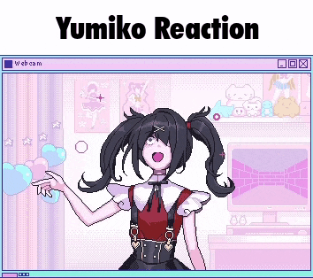 a pixel art of a girl with pigtails and the words yumiko reaction written above her .