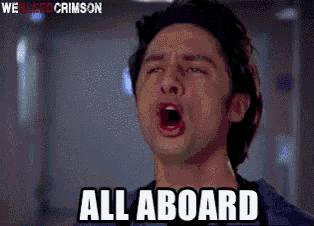 a man with his mouth open and the words all aboard in front of him