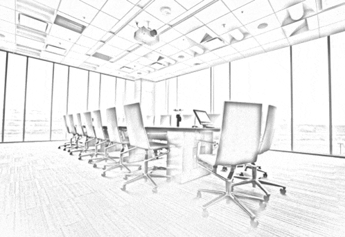 a black and white drawing of a conference room with lots of windows
