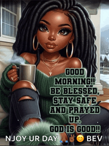 a girl with dreadlocks is holding a cup of coffee and says good morning be blessed stay safe and prayed up god is good
