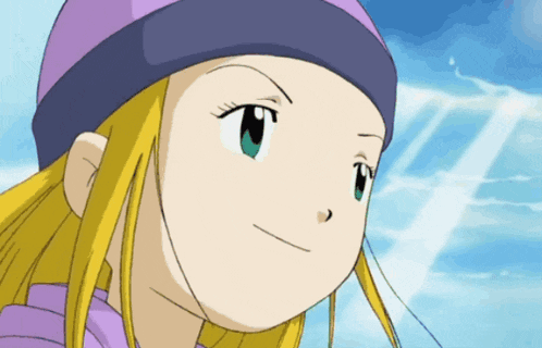 a girl with blonde hair and green eyes is wearing a purple beanie