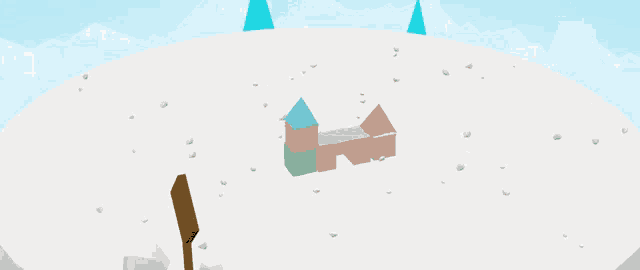 a cartoon drawing of a house in the snow with a sign in the foreground