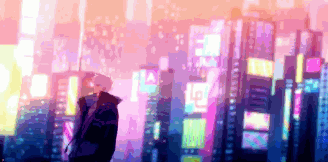 a pixel art of a person standing in front of a city skyline