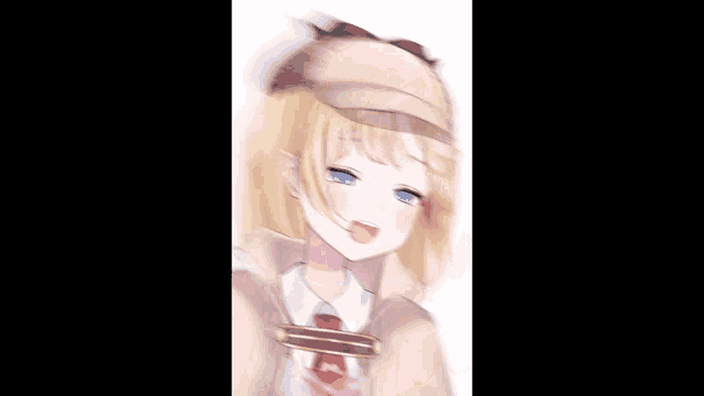 a girl with blonde hair and blue eyes is wearing a hat and tie