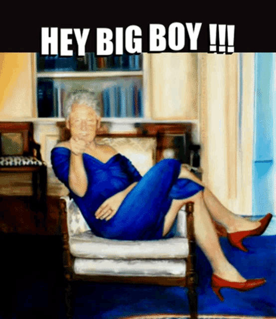 a painting of a woman in a blue dress and red heels with the caption hey big boy