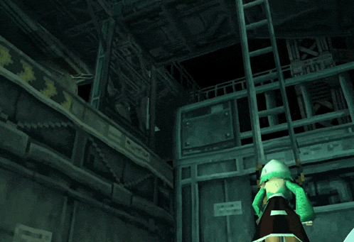 a person in a video game climbs a ladder in a dark room