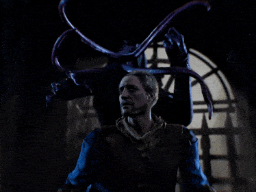 a man with purple horns is standing in front of a window in a dark room
