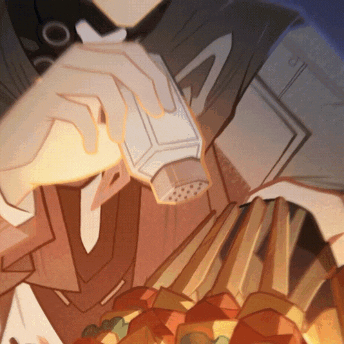 a close up of a person holding a salt shaker