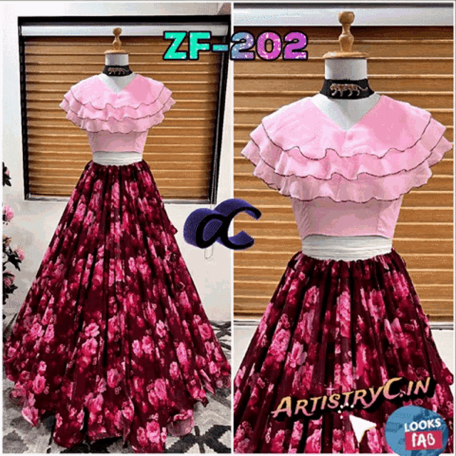 a mannequin wearing a pink crop top and a floral skirt with the numbers zf-202
