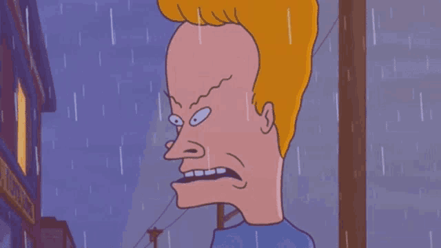 a cartoon character is standing in the rain and making a funny face
