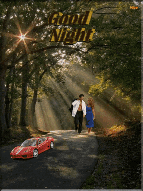 a picture of a man and woman walking down a road with a red car and the words good above them