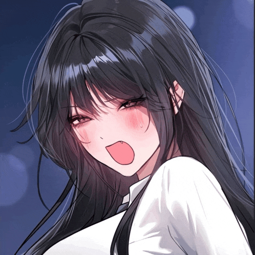 a girl with long black hair is making a funny face with her mouth open