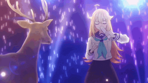 a girl in a school uniform is standing next to a deer in a dark room .