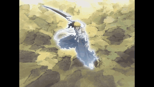 a painting of a man holding a sword in a cloudy sky