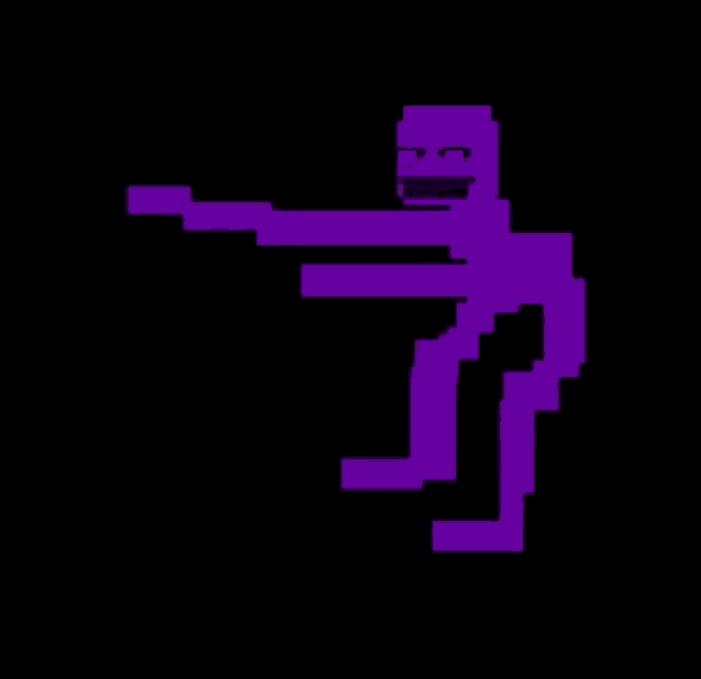 a purple pixel art character is holding a gun in the dark .